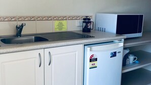 Una cocina compacta con fregadero, microondas y refrigerador.