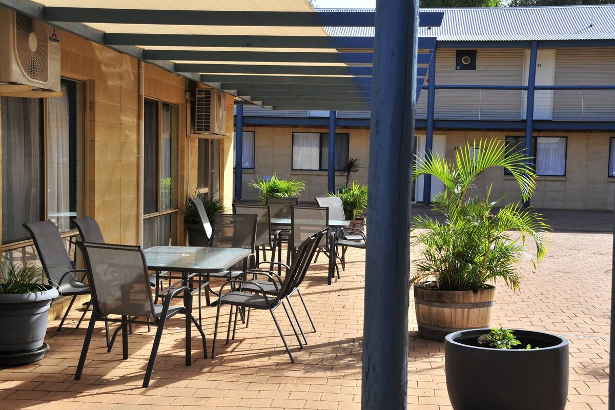 Une terrasse extérieure avec des tables et des chaises, des plantes en pot et un espace abrité doté d’un toit bleu.