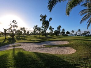 Un campo de golf con búnkeres de arena, palmeras y un cielo despejado.