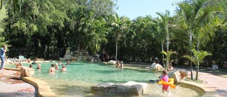 A swimming pool surrounded by lush greenery and rocks.