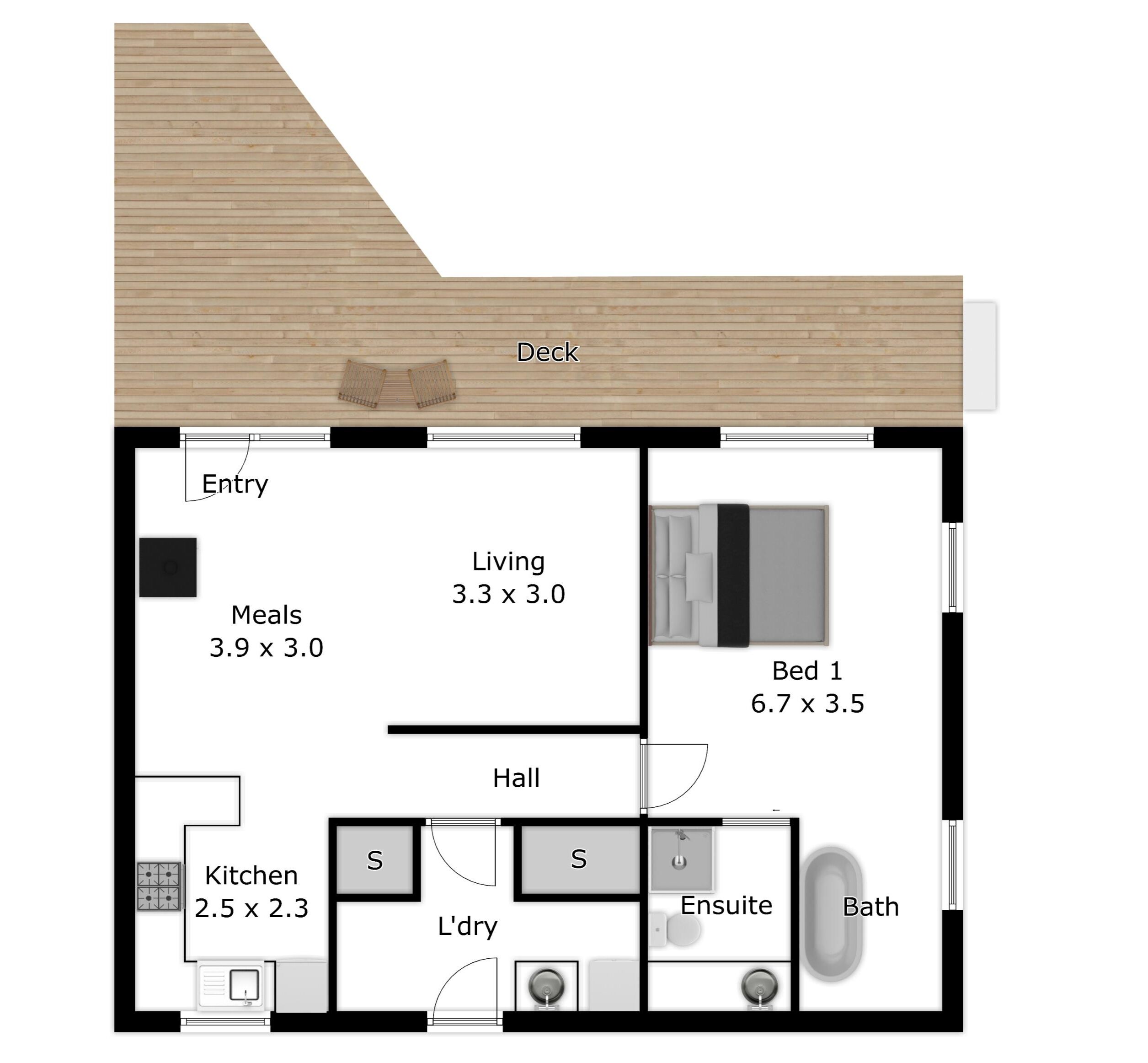 Un plan d’étage d’une maison comprenant une terrasse, une entrée, un salon, une cuisine, un coin repas, deux chambres, une salle de bain et un couloir.
