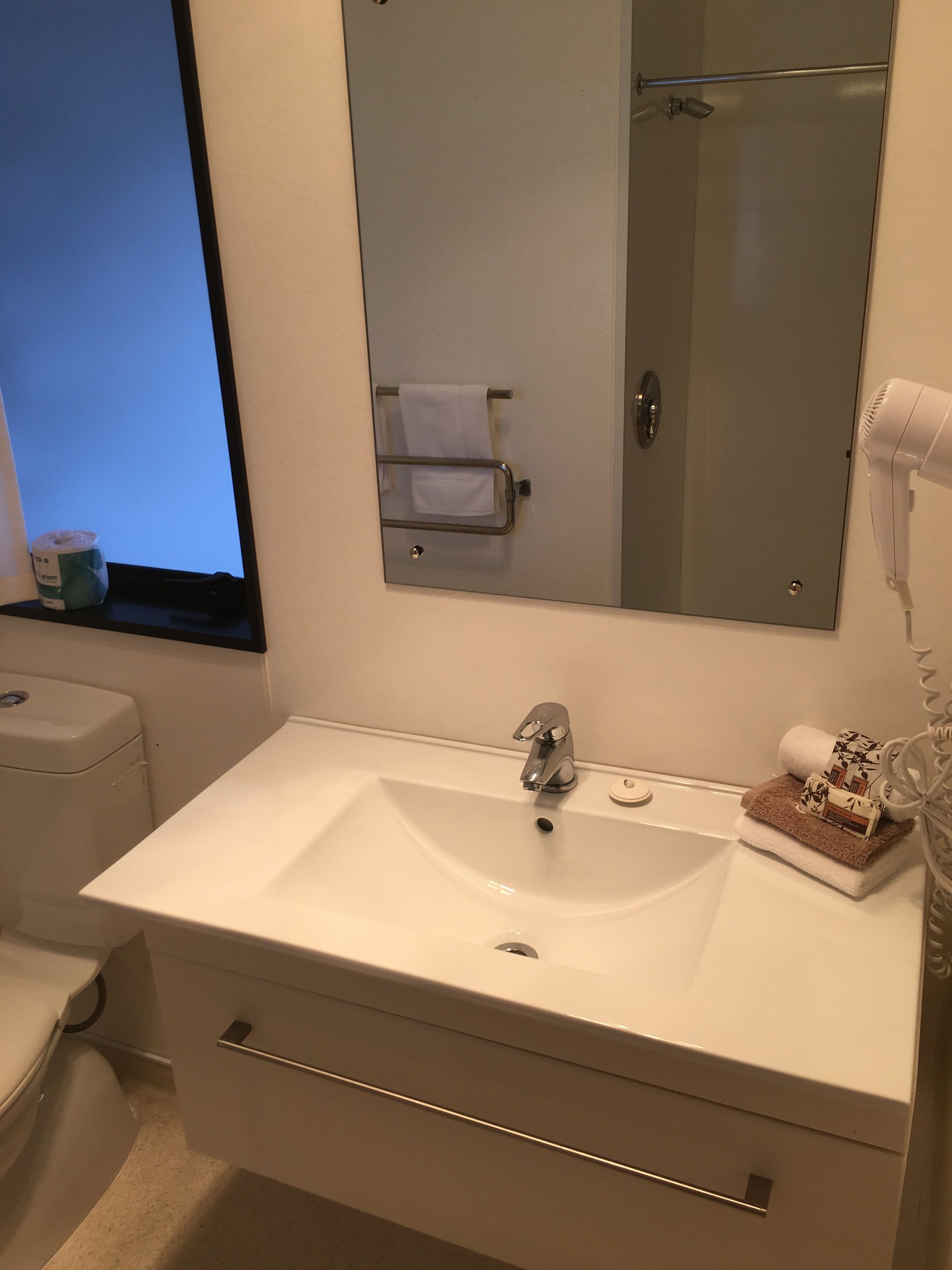 A bathroom with a white sink, a mirror, a towel rack, a hairdryer, and a toilet.