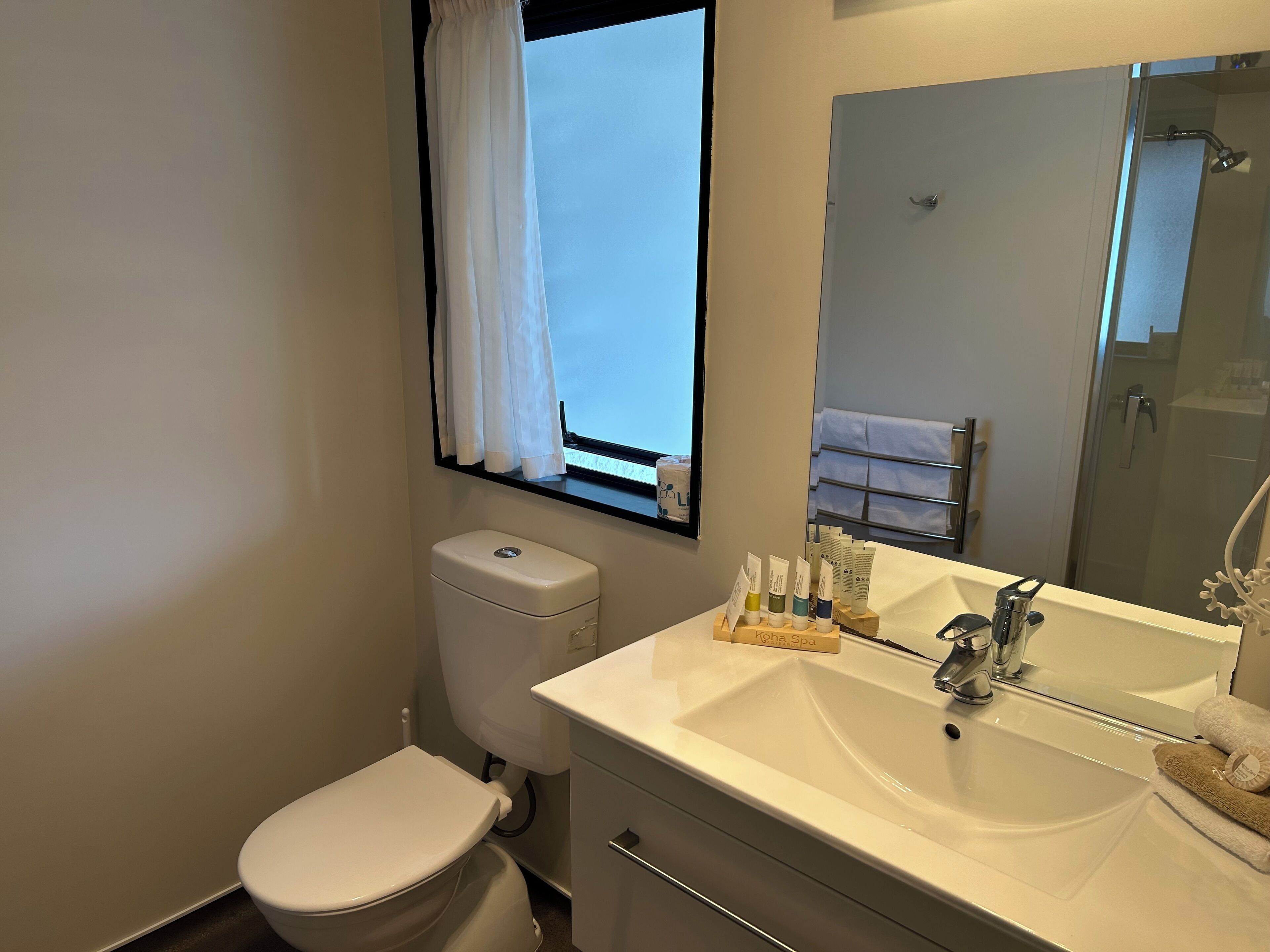 A bathroom with a toilet, sink, and window with curtains.