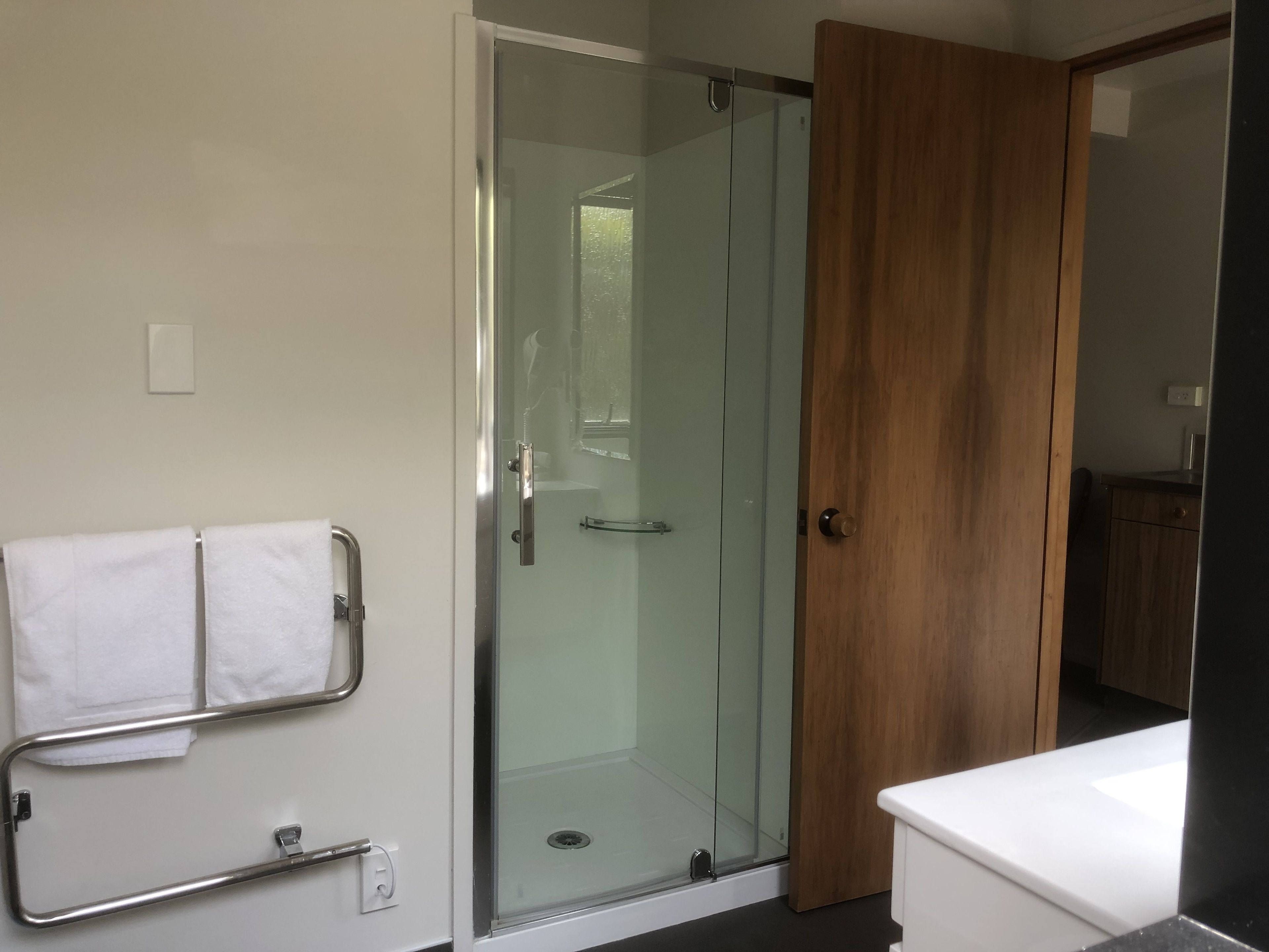 A modern bathroom with a glass shower enclosure, a wooden door, and a white sink.