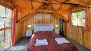 A cozy wooden cabin bedroom with a bed, two bedside tables with lamps, and a wood stove.
