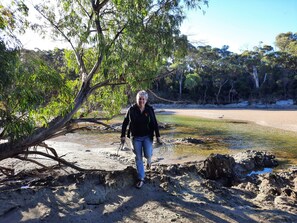 A person walking near a natural water body with trees and rocky terrain.