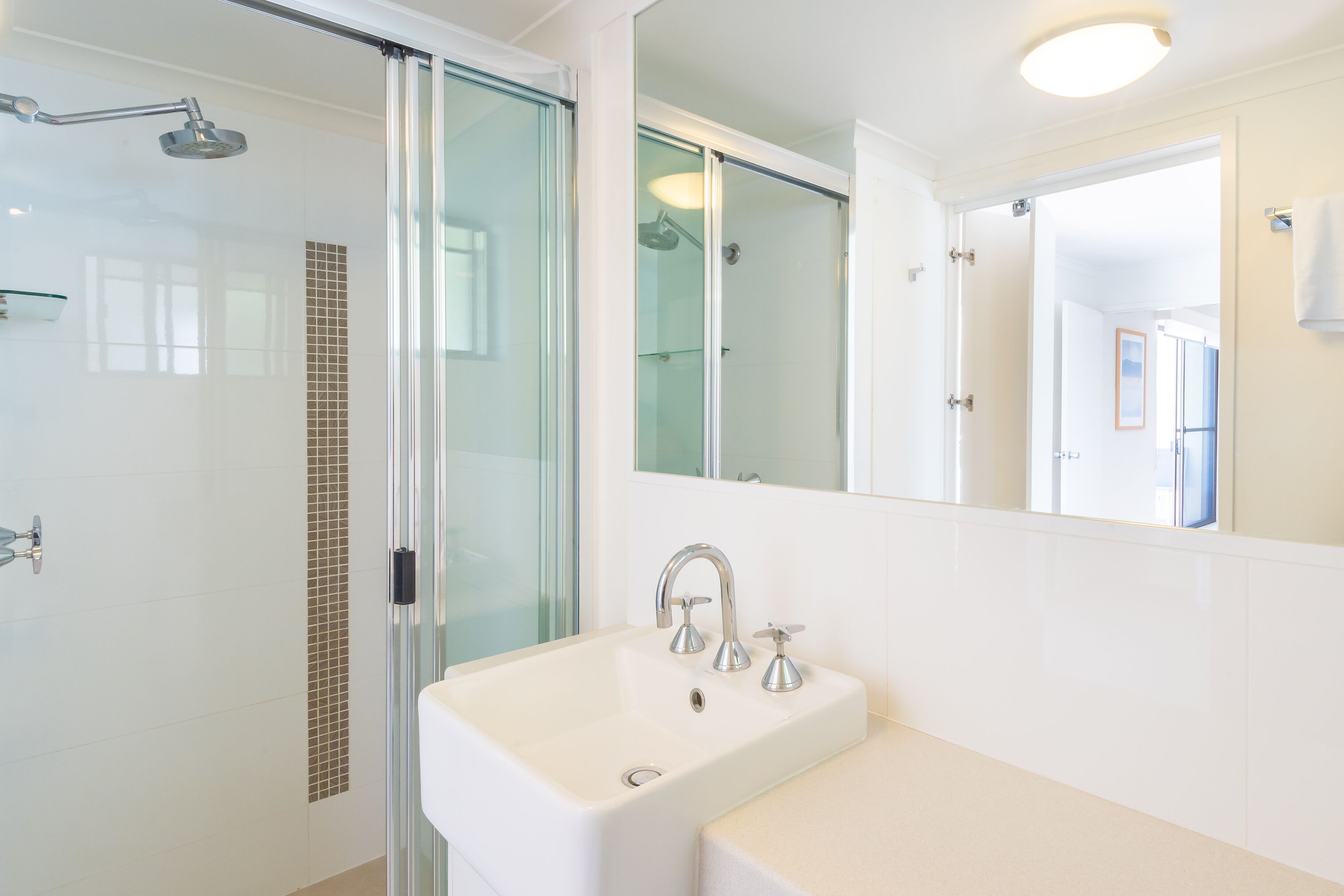 A modern bathroom with a glass shower enclosure, a white sink, and a large mirror.