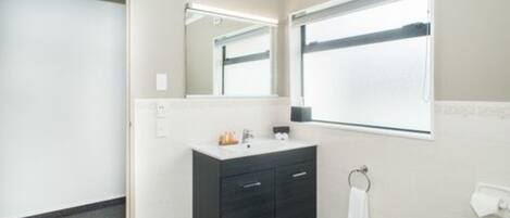 Un baño con tocador oscuro, un espejo, un tozalenguas y un dispensador de papel higiénico.