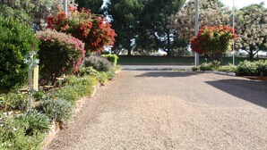 Un camino de grava que conduce a una casa rodeada de exuberante vegetación y árboles en flor.