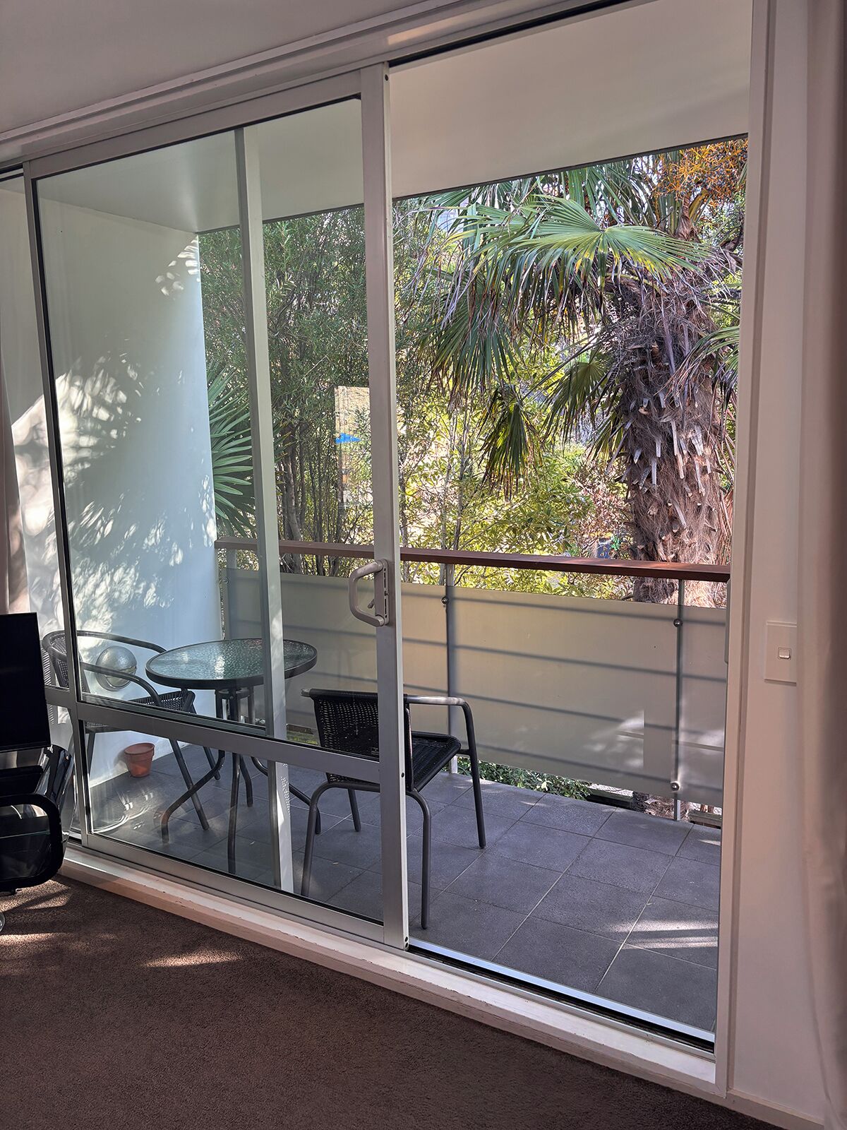 Puerta corrediza de vidrio que da a un patio exterior con mesa y sillas, rodeado de follaje y una palmera.