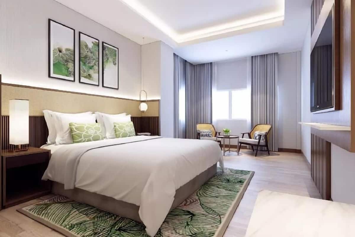 Habitación de hotel con una cama grande, un escritorio, dos sillas, un televisor y obras de arte en la pared.