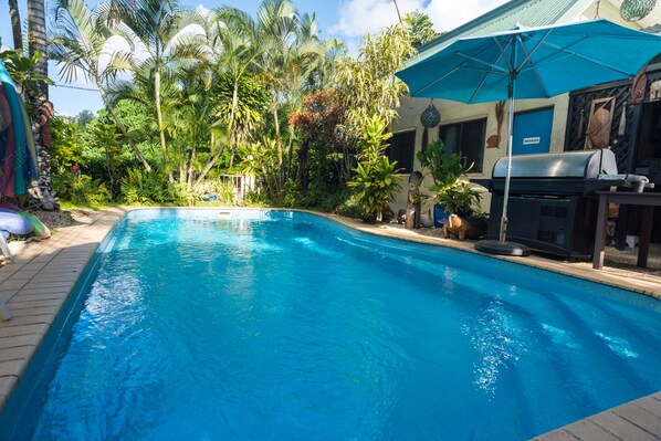 Outdoor pool, pool umbrellas, pool loungers