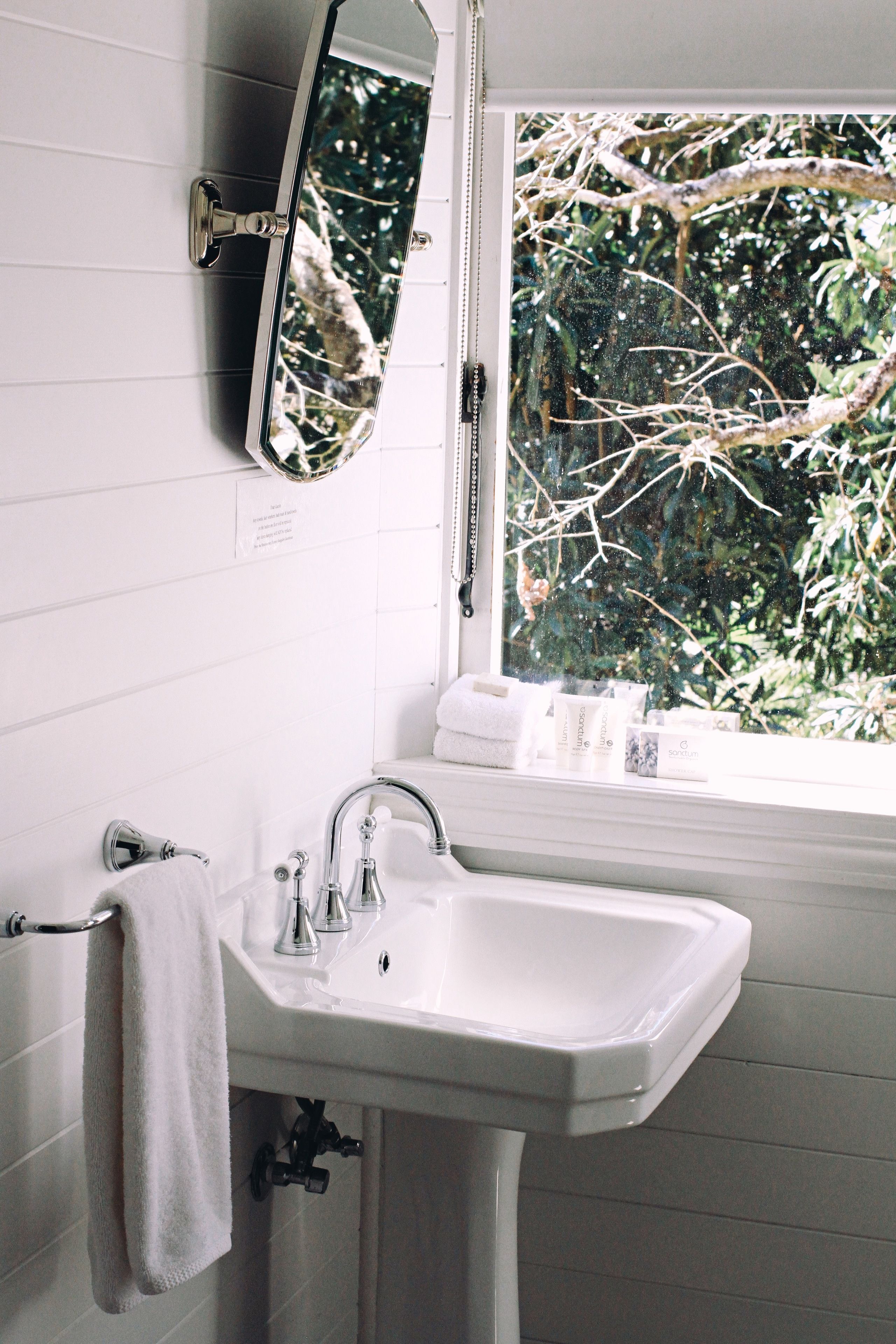 A bathroom with a white sink, a mirror, and a window with a view of trees.