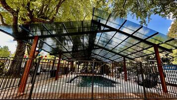 Outdoor pool, pool umbrellas, pool loungers
