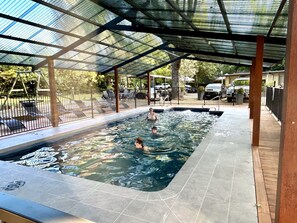 Outdoor pool, pool umbrellas, pool loungers