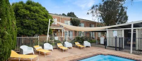 Seasonal outdoor pool, sun loungers