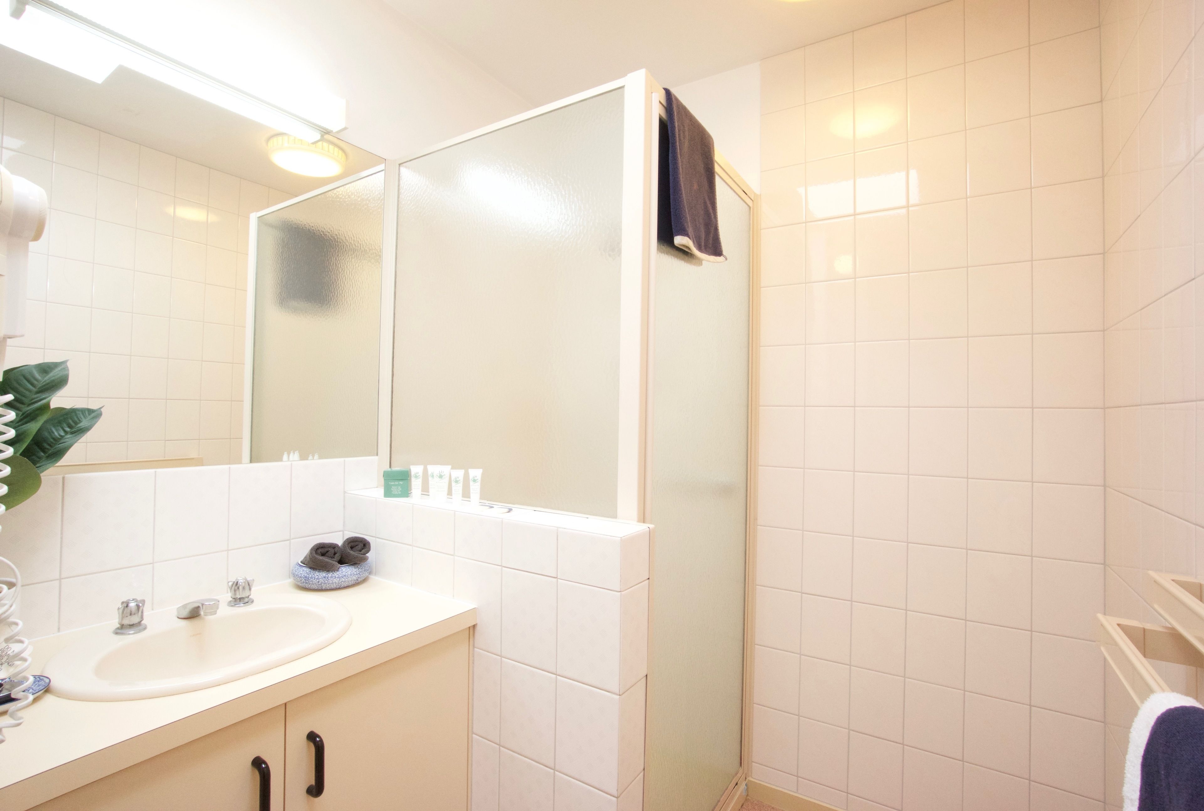 A bathroom with a sink, mirror, towel rack, and a shower area.