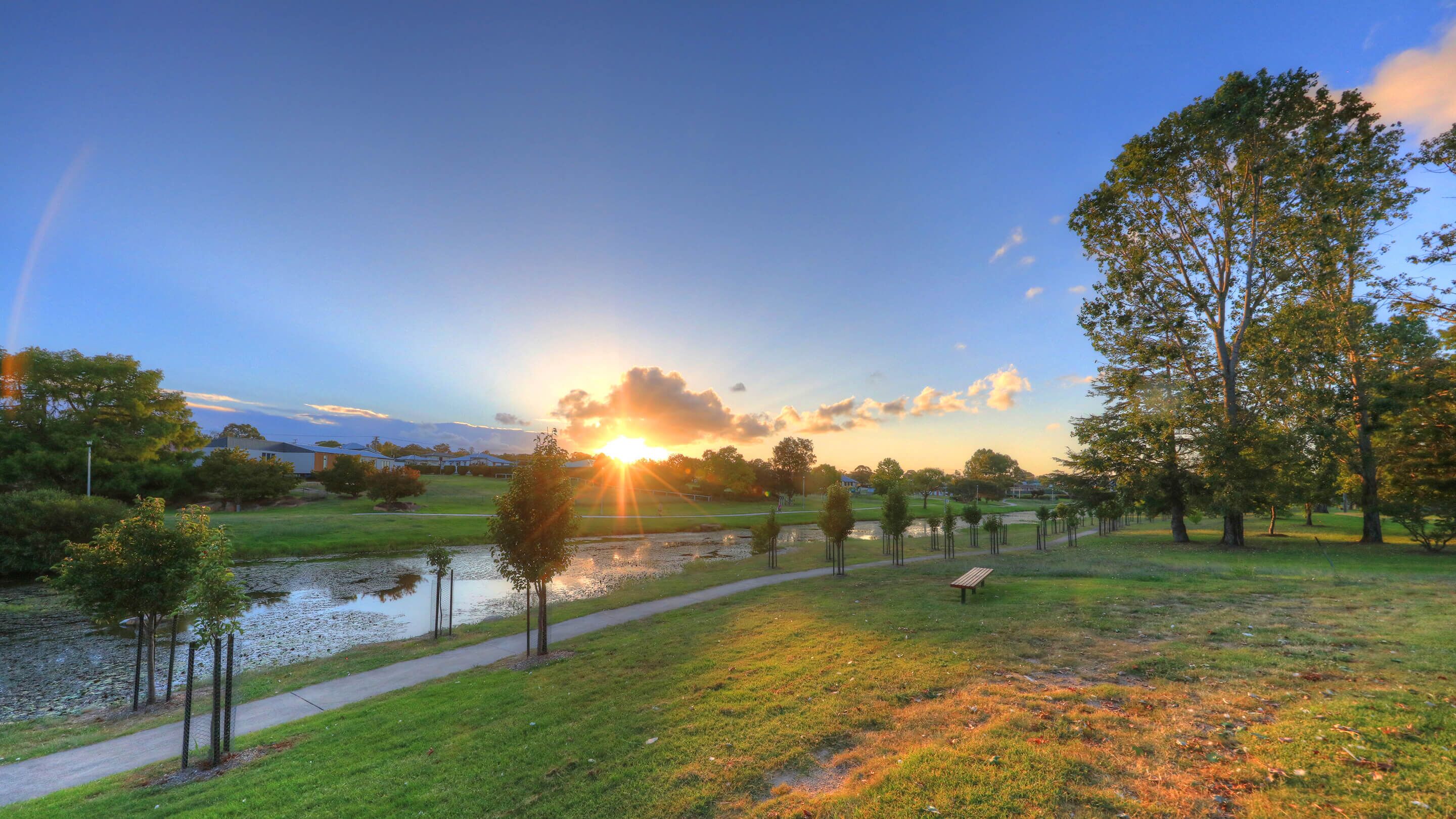 A park with a walking path, trees, and a body of water.