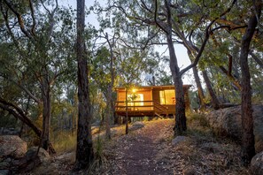 Una cabaña de madera en un bosque, con un sendero de tierra que conduce a ella.