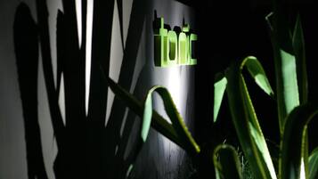 A wall with the word "tonic" illuminated in green letters.