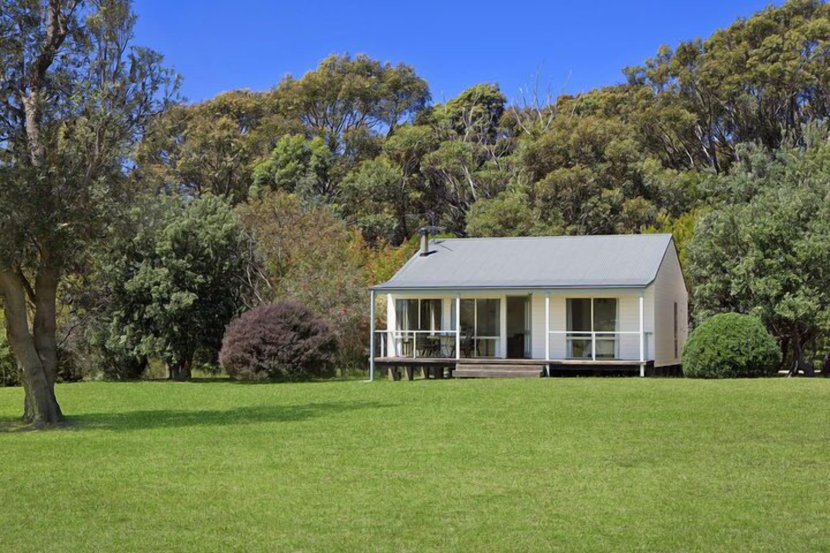 A single-story house with a covered porch, surrounded by a well-maintained lawn and dense trees.