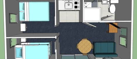 A hotel room layout with a bed, a small kitchenette, a bathroom, and a seating area with a table and chairs.