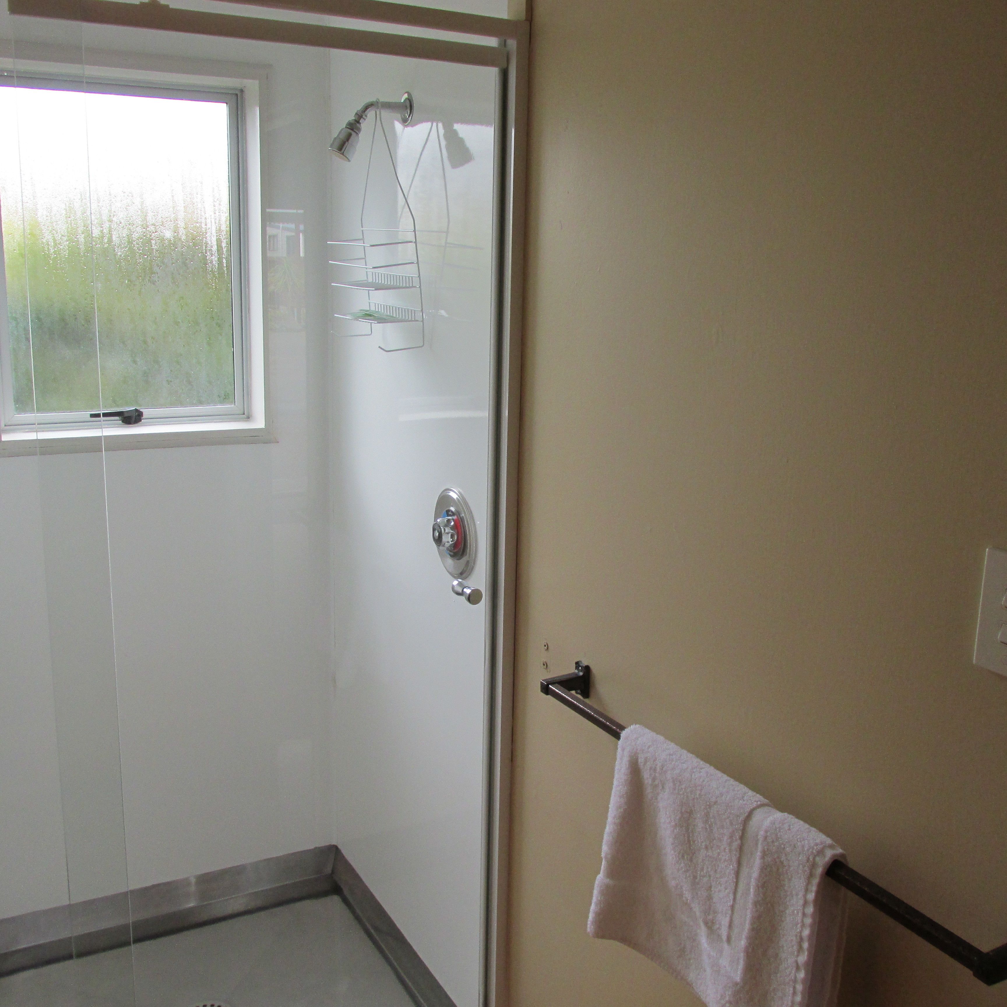 A bathroom with a glass shower door, a window, and a towel rack.