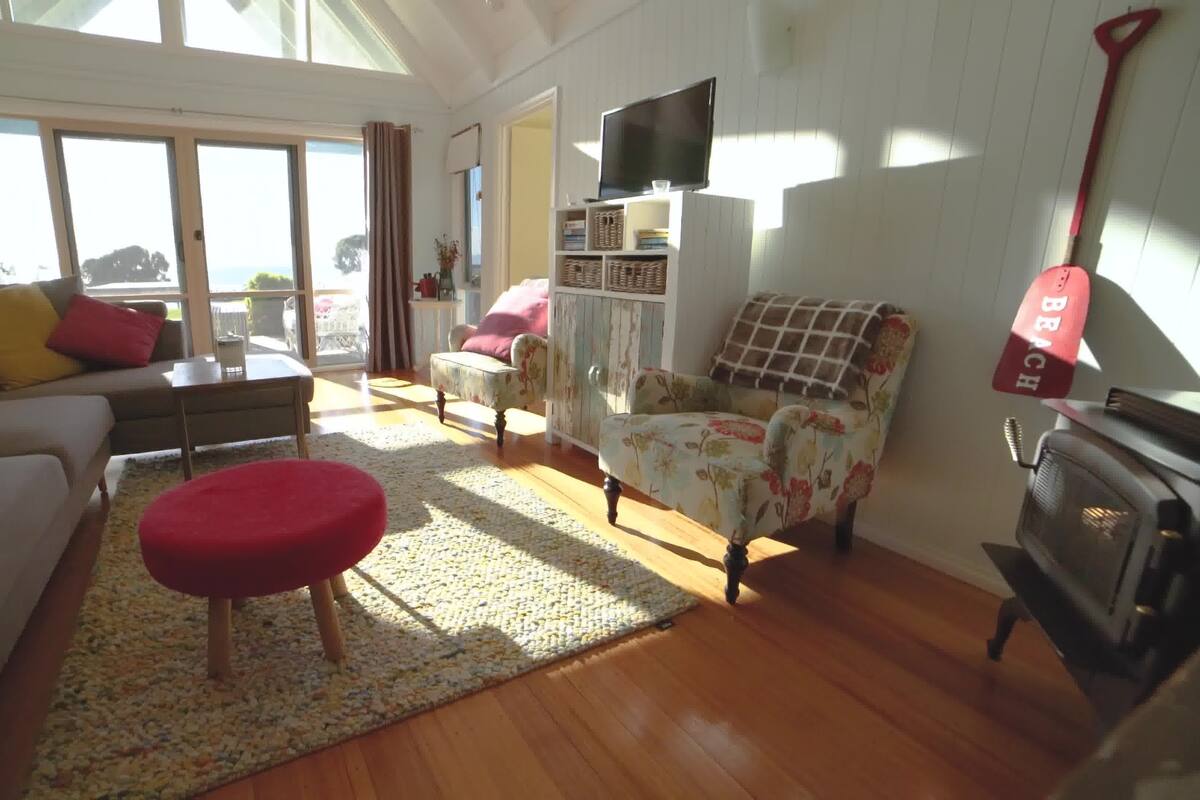 Family Cottage, Ocean View | Living area | Flat-screen TV, fireplace, DVD player