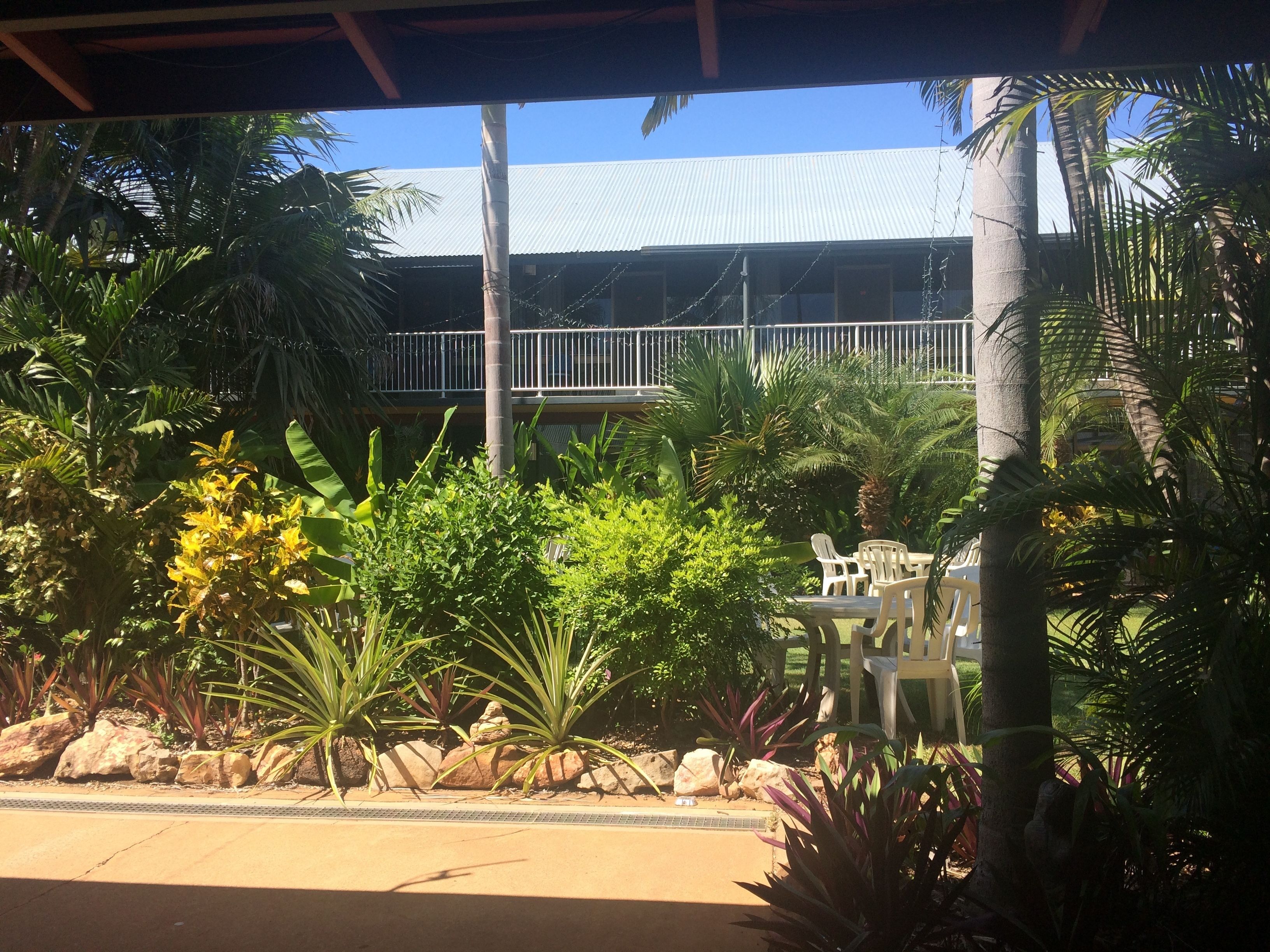 A covered outdoor area with a concrete floor, surrounded by various tropical plants and rocks. There are white plastic chairs and a table under a metal roof structure.