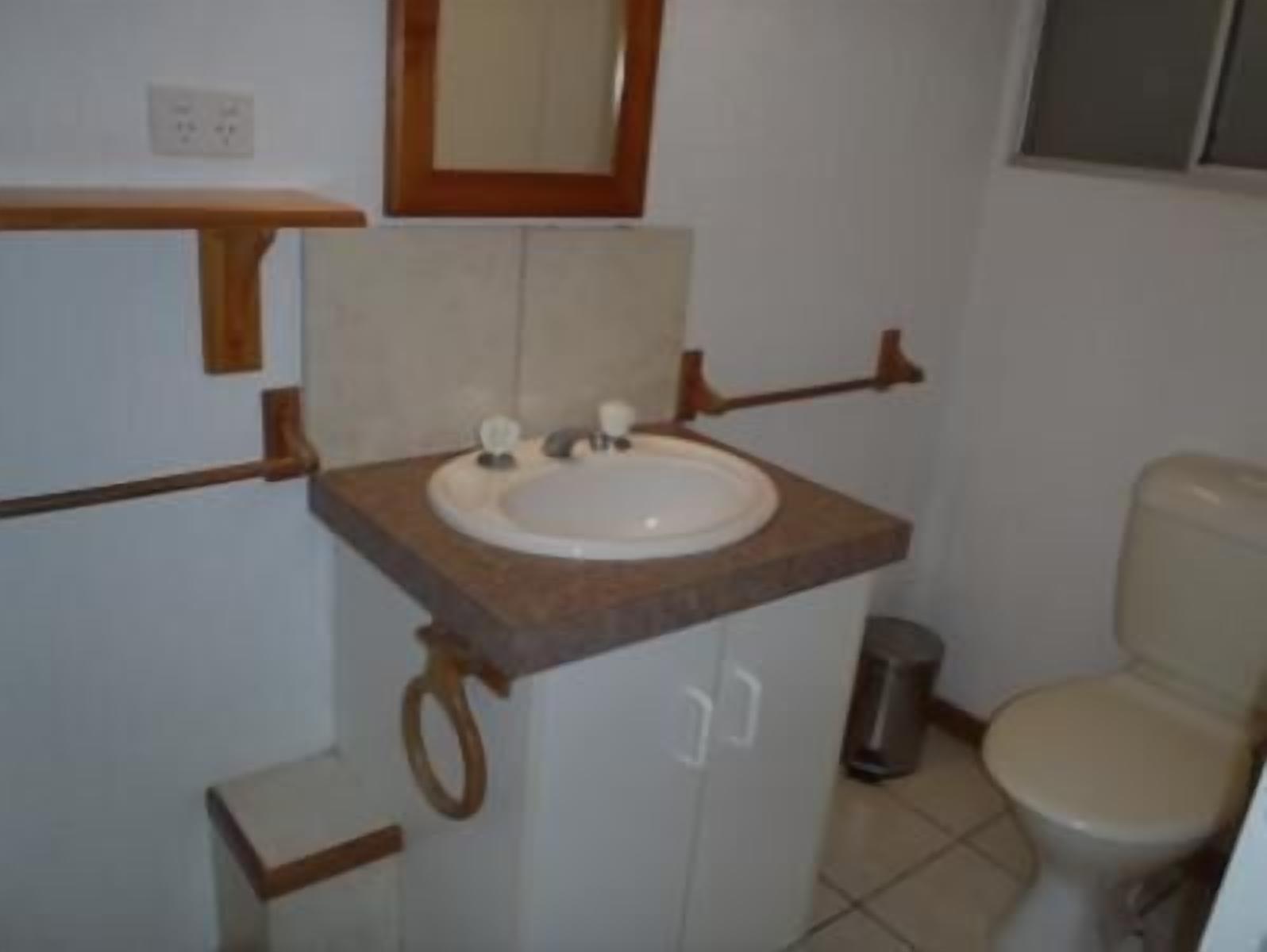 Un bagno con lavandino, specchio e water.