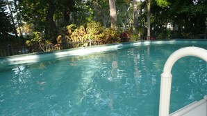 A clear swimming pool with a white edge and a white handrail.