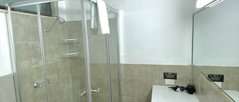 Un baño moderno con ducha envuelta en vidrio, un lavabo blanco y un espejo encima.