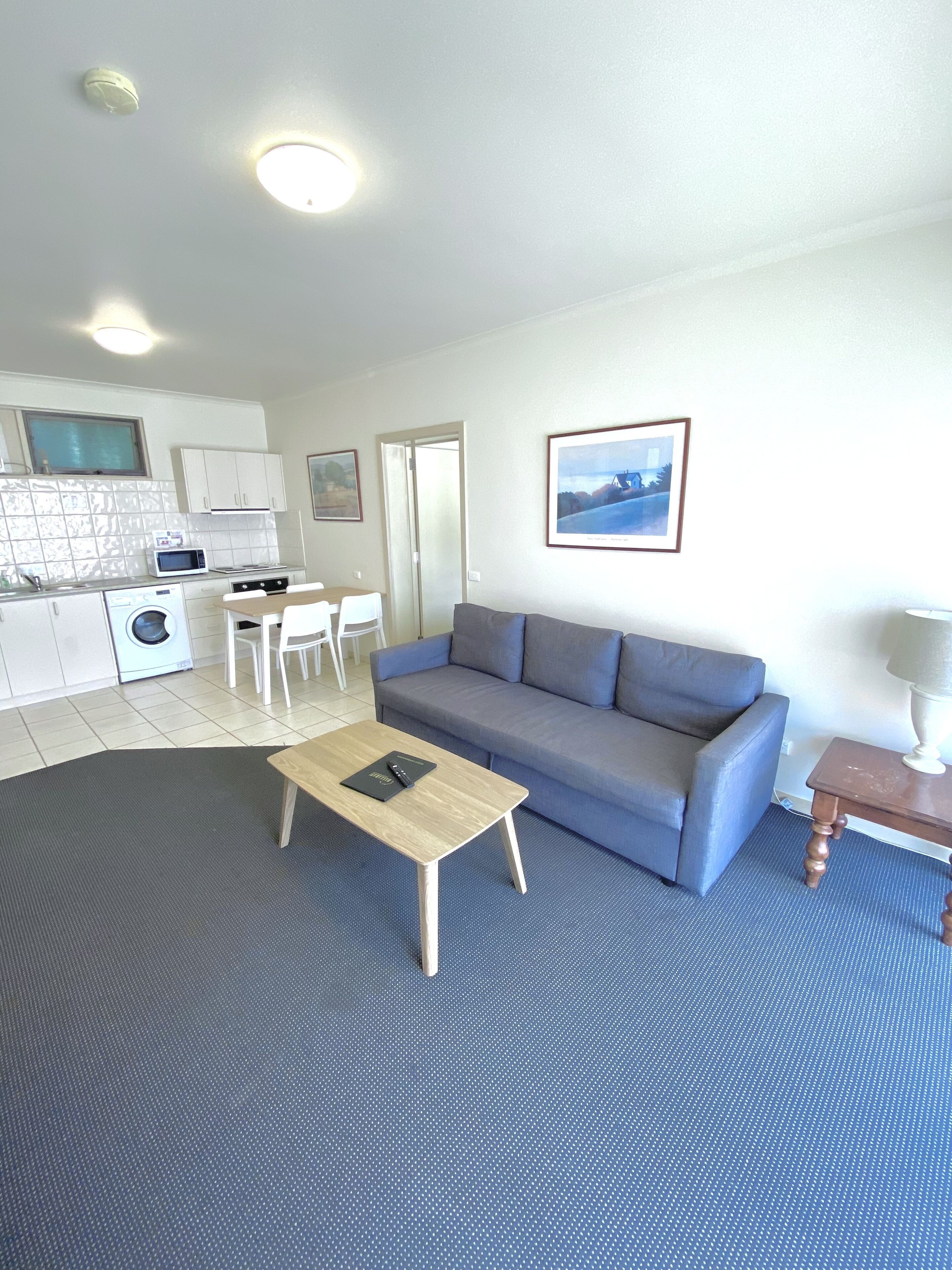 A compact living space with a sofa, a small table, a dining area with chairs, a kitchen with a microwave and washing machine, and a framed picture on the wall.