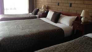 A hotel room with two beds, each with patterned bedding, a brick wall, a framed picture, and bedside lamps. - Rippleside Park Motor Inn (Drumcondra)