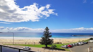 Blick auf einen Strand mit Parkplatz, einem einzelnen Baum und blauem Himmel.
