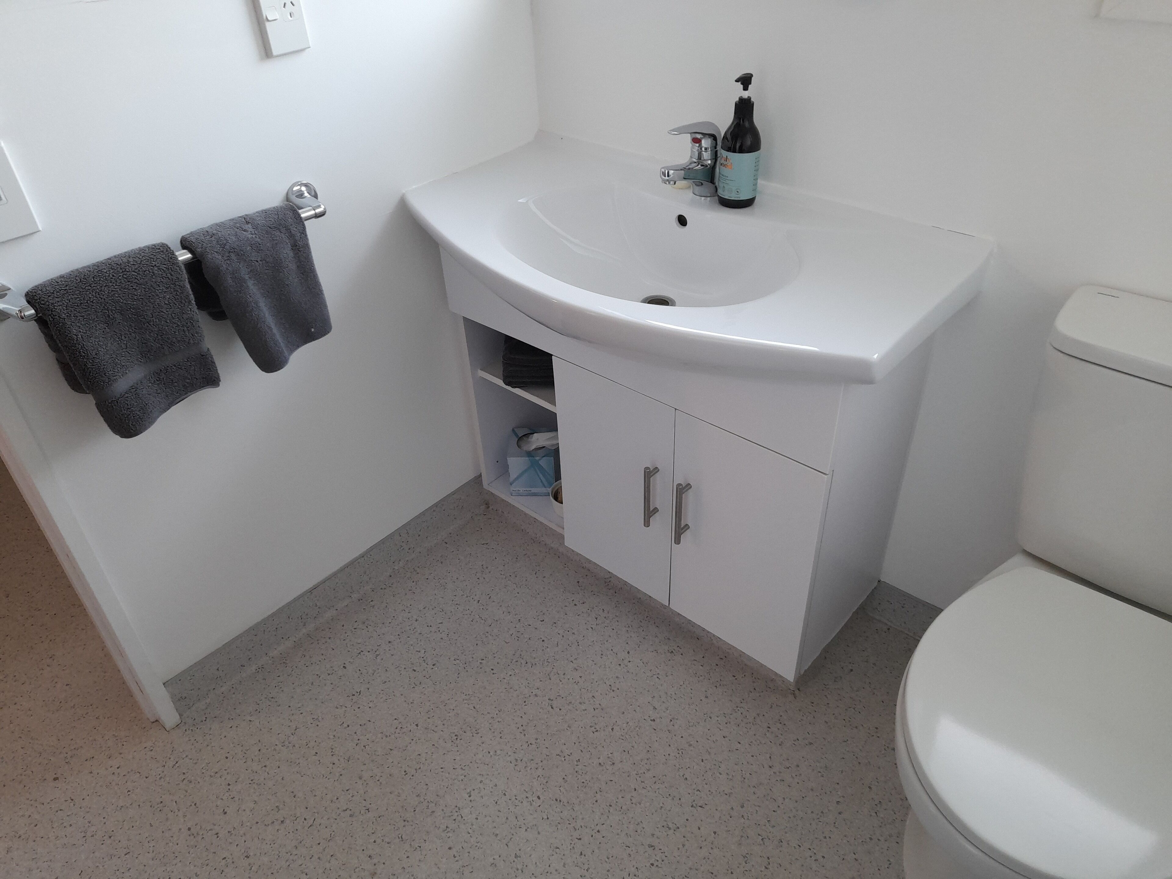 Une salle de bain avec un lavabo blanc, des toilettes et deux serviettes suspendues à un porte-serviettes.