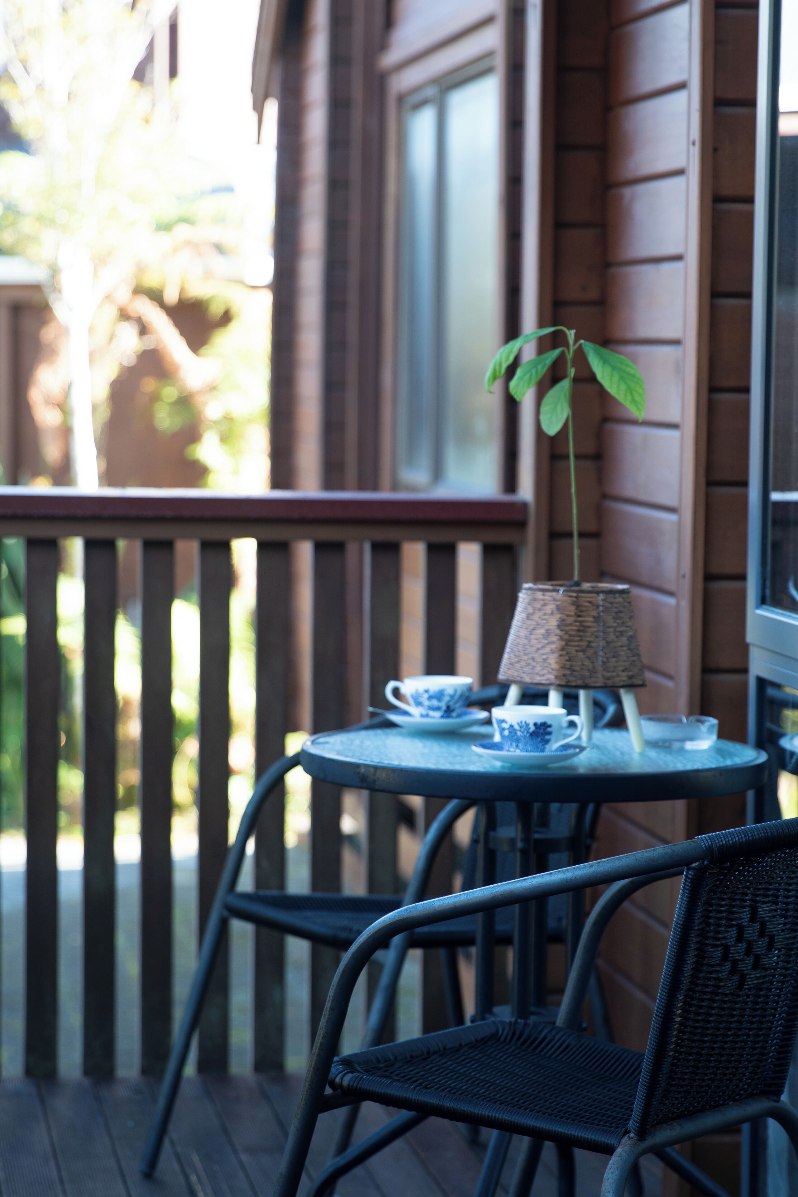 Une terrasse en bois avec une table et des chaises, une lampe suspendue et une plante en pot.