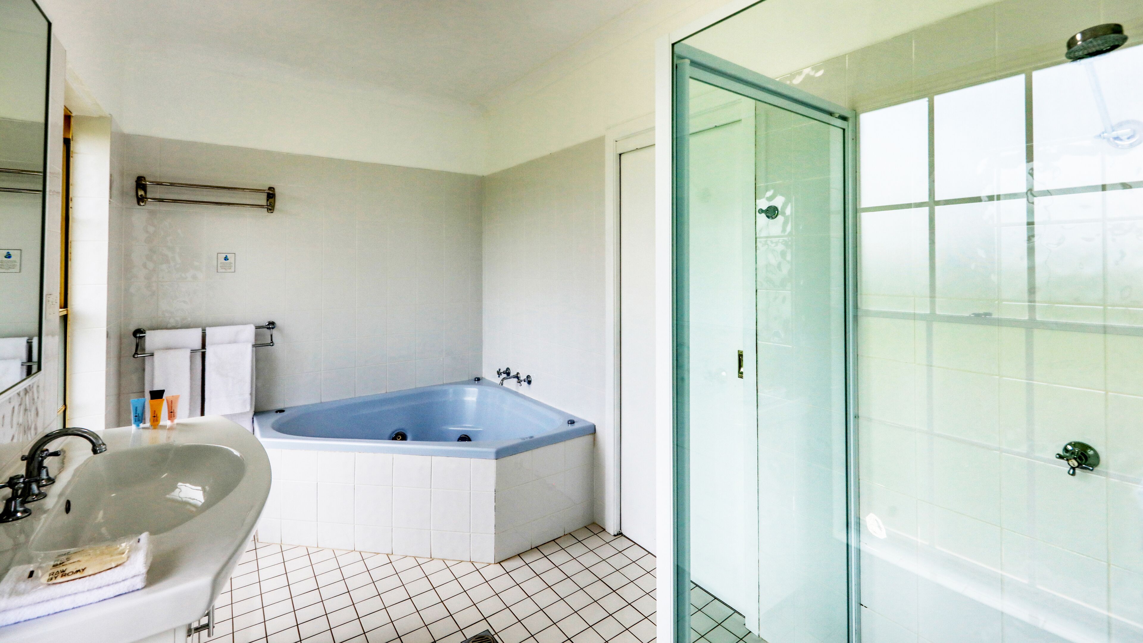 Een badkamer met een bad, een wastafel en een douchecabine van glas.
