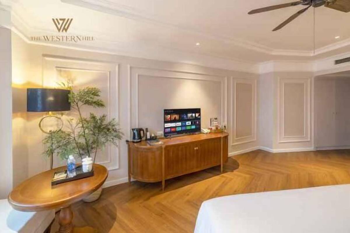 A hotel room with a wooden floor, a bed, a TV on a wooden cabinet, a plant, and a lamp.