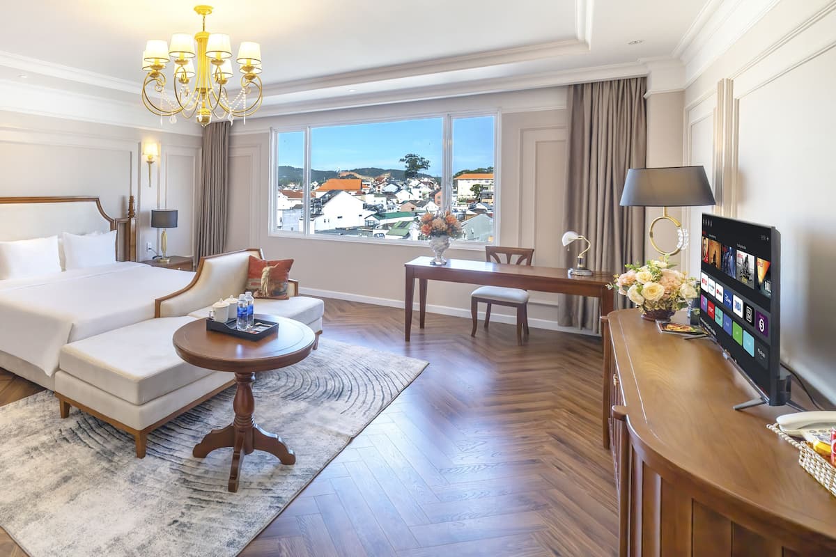 A hotel room with a bed, a sofa, a desk, a TV, and a view of a town.