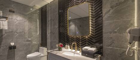 Une salle de bain moderne avec un grand miroir, un lavabo et des toilettes.
