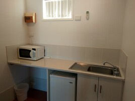 Fridge, microwave, electric kettle, toaster