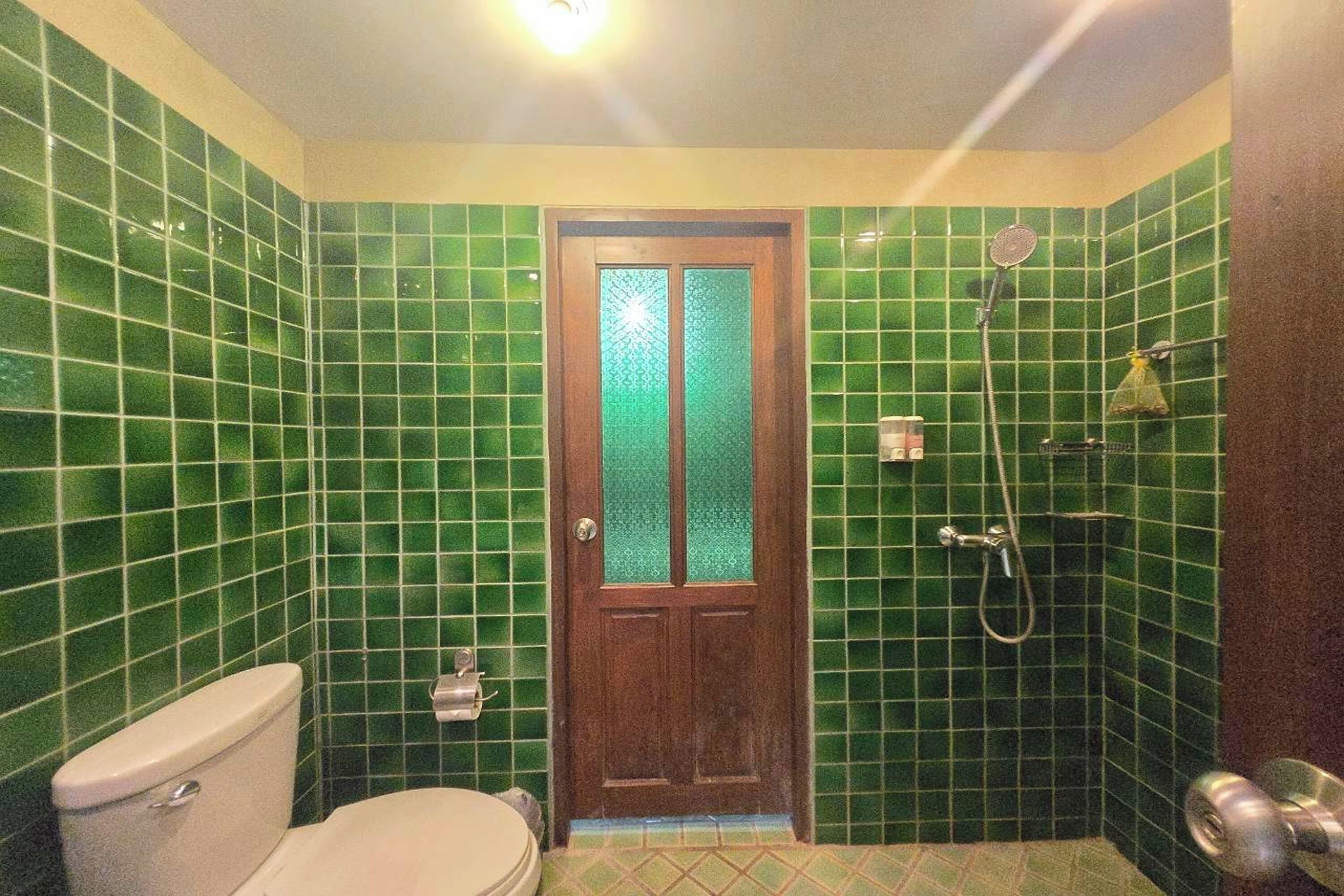 A bathroom with green tiled walls, a wooden door with frosted glass panels, a toilet, and a shower area.
