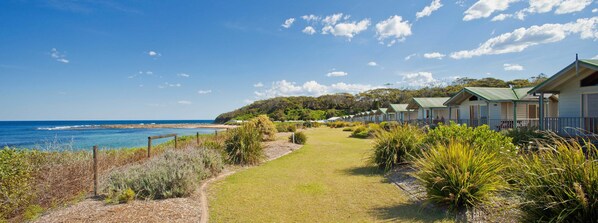 A coastal hotel with a grassy pathway leading to the beach, surrounded by lush vegetation and a clear view of the ocean. - Blue Lagoon Beach Resort (Bateau Bay)