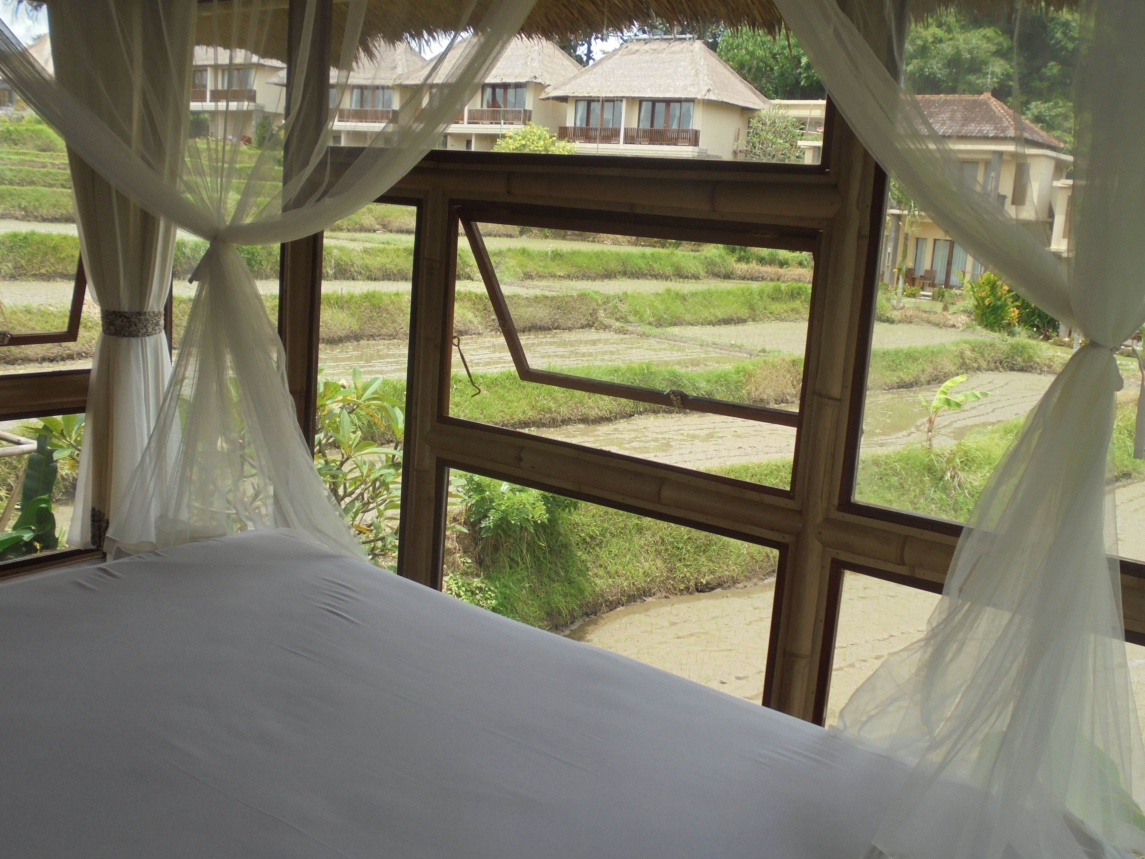 A room with a bed, a window with a view of a thatched-roof building and rice paddies.