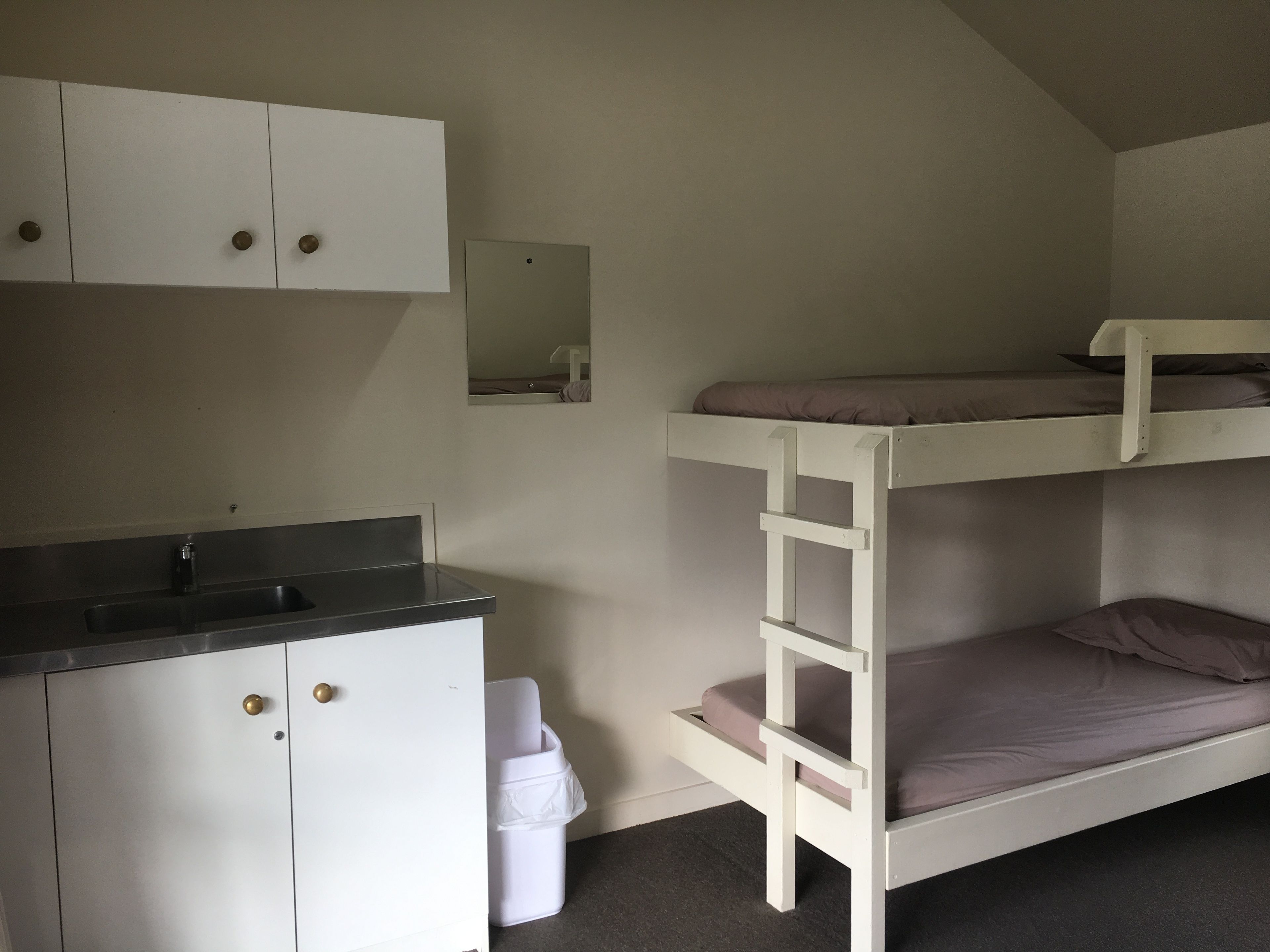 A bunk bed with a ladder, a small sink, and a cabinet with two doors.
