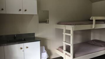 Una cama litera con escalera, un lavamanos pequeño y un armario con dos puertas.