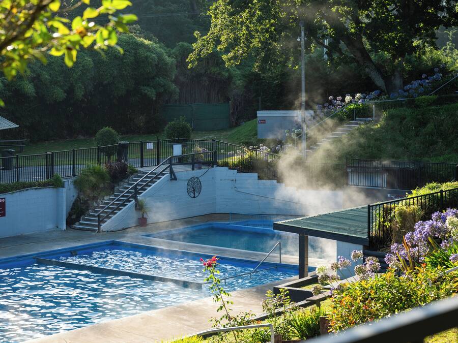 A swimming pool with a surrounding garden, a staircase, and a building in the background.