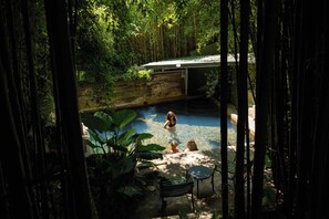 A pool area with a stone wall, surrounded by dense bamboo and tropical plants. - Opal Hot Springs & Holiday Park (Okauia)