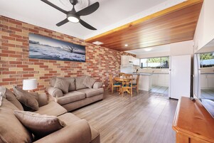 Premium bedding, pillowtop beds, desk, laptop workspace